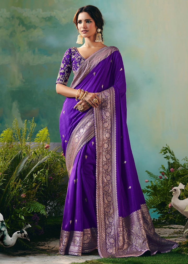 Buy Fancy Violet Premium Dola Viscose Silk Wedding Wear Saree Online in US, UK, Canada, France, Germany, Denmark, Spain, Belgium, Sweden & Worldwide at Empress.