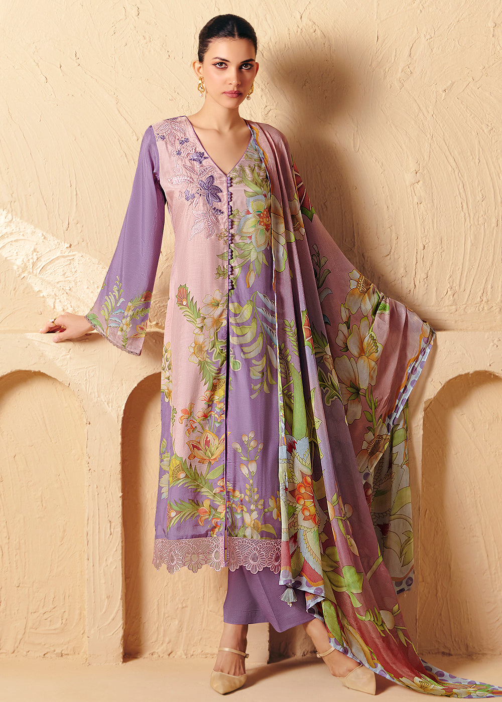 Buy Now Trendy Lavender Printed Pant Style Salwar Suit Online in US, UK, Canada, Germany, Italy, France, Australia, Denmark & Worldwide at Empress Clothing.