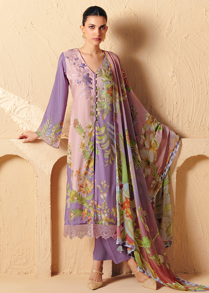 Buy Now Trendy Lavender Printed Pant Style Salwar Suit Online in US, UK, Canada, Germany, Italy, France, Australia, Denmark & Worldwide at Empress Clothing.