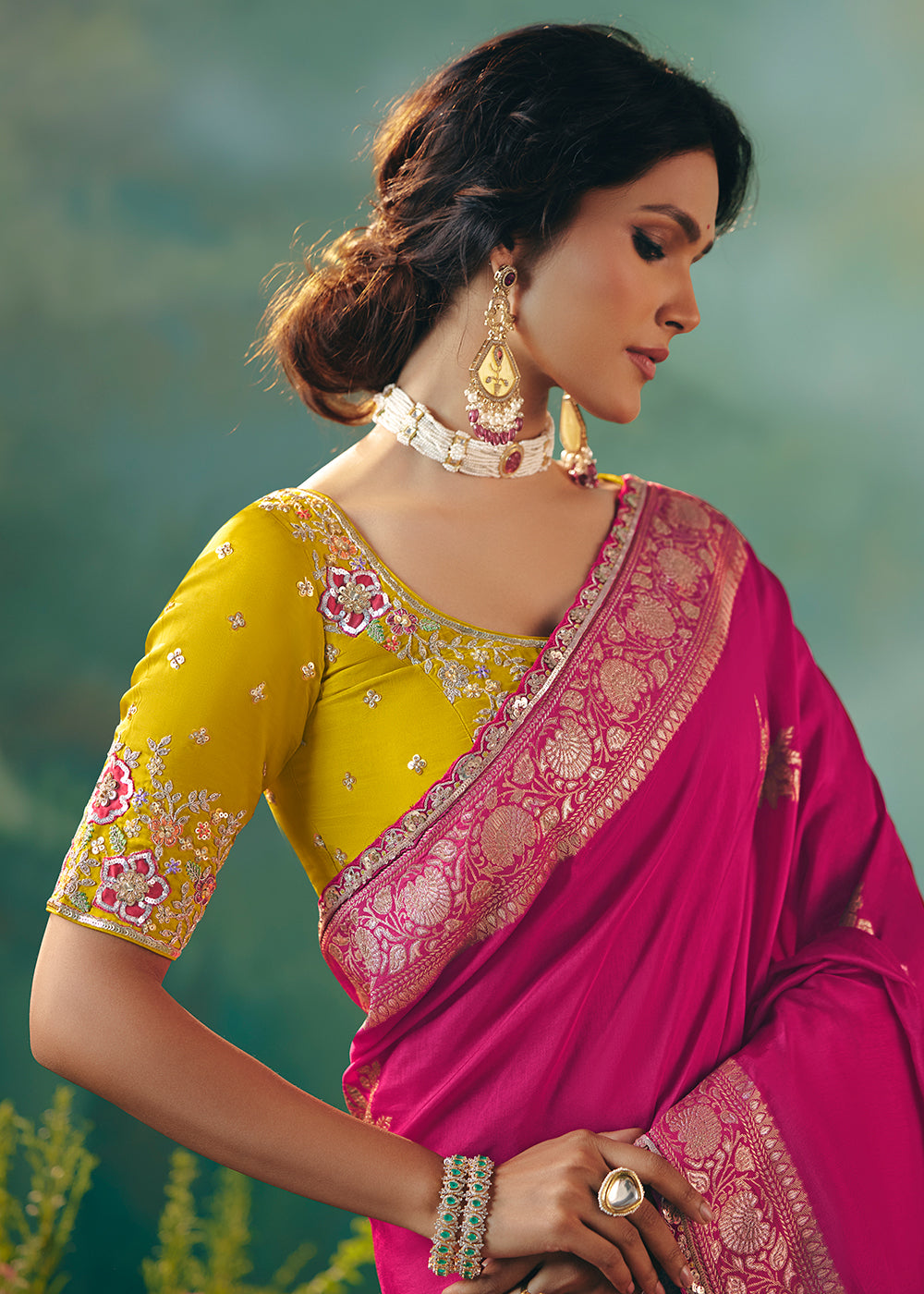 Buy Fancy Pink Premium Dola Viscose Silk Wedding Wear Saree Online in US, UK, Canada, France, Germany, Denmark, Spain, Belgium, Sweden & Worldwide at Empress.