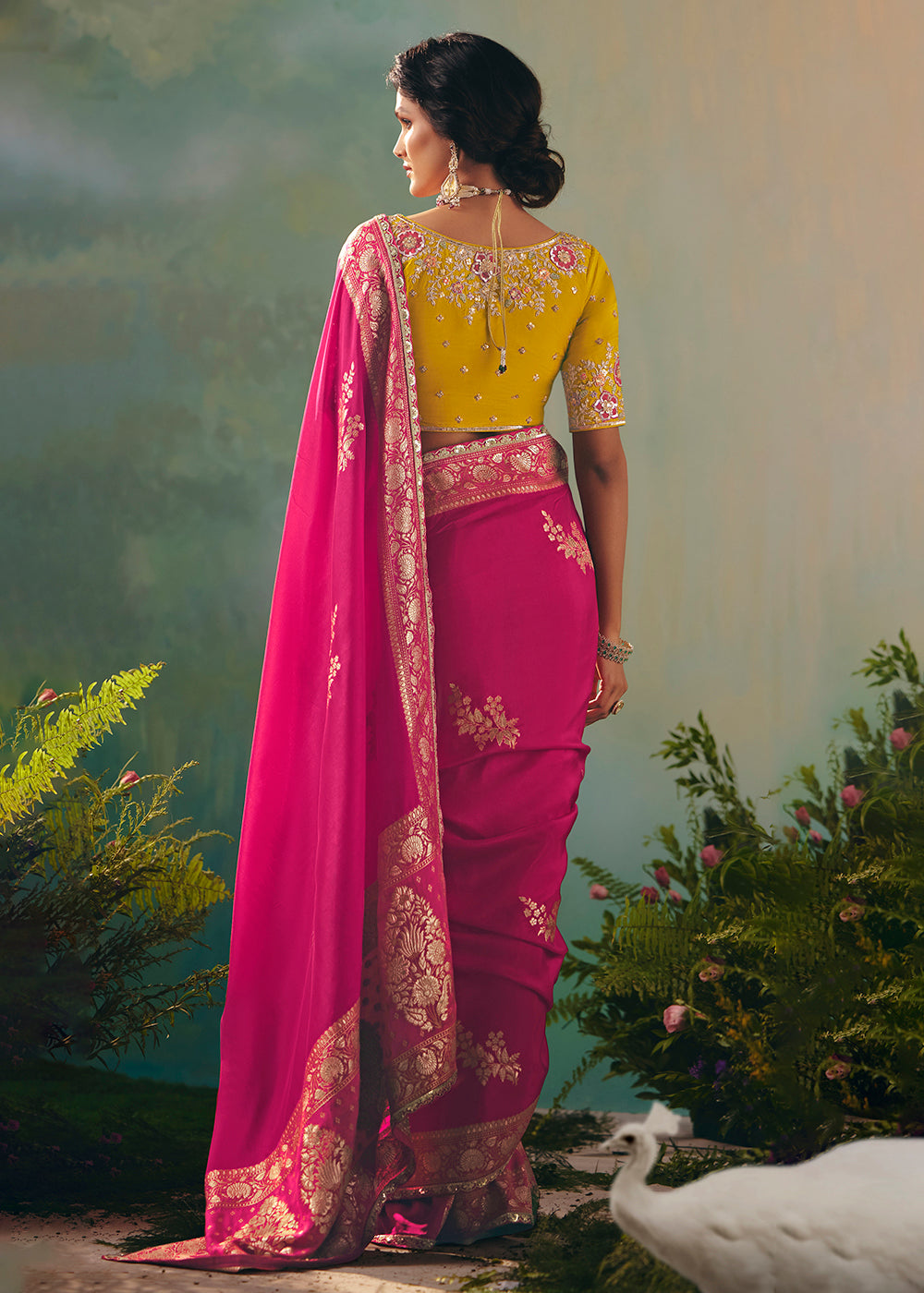 Buy Fancy Pink Premium Dola Viscose Silk Wedding Wear Saree Online in US, UK, Canada, France, Germany, Denmark, Spain, Belgium, Sweden & Worldwide at Empress.
