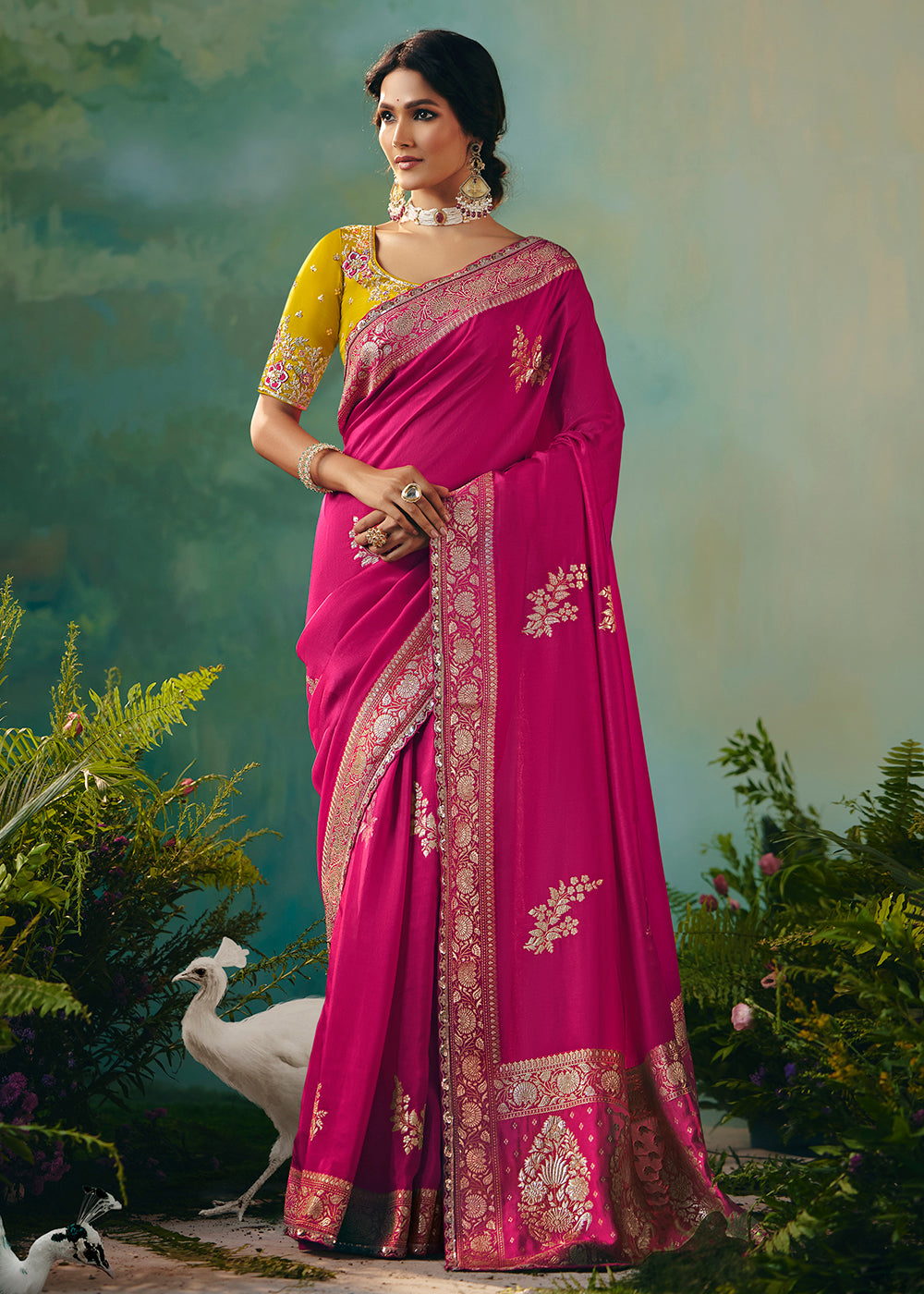 Buy Fancy Pink Premium Dola Viscose Silk Wedding Wear Saree Online in US, UK, Canada, France, Germany, Denmark, Spain, Belgium, Sweden & Worldwide at Empress.
