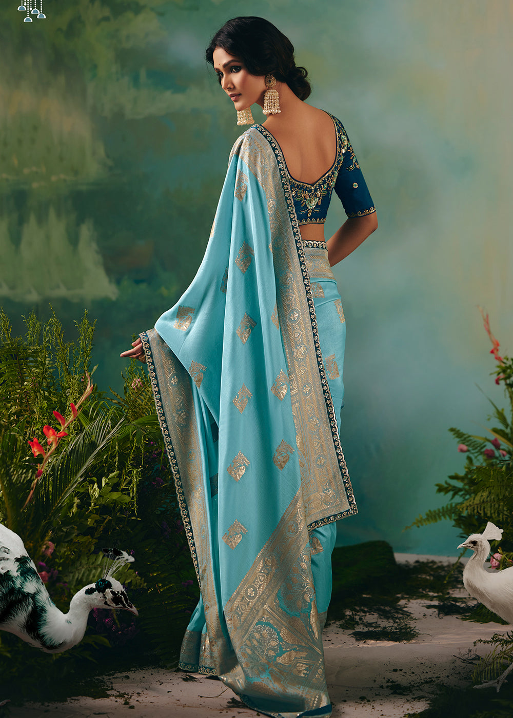 Buy Fancy Blue Premium Dola Viscose Silk Wedding Wear Saree Online in US, UK, Canada, France, Germany, Denmark, Spain, Belgium, Sweden & Worldwide at Empress.