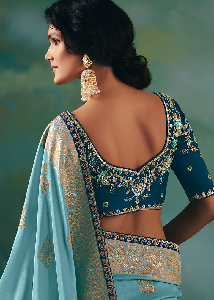 Buy Fancy Blue Premium Dola Viscose Silk Wedding Wear Saree Online in US, UK, Canada, France, Germany, Denmark, Spain, Belgium, Sweden & Worldwide at Empress.
