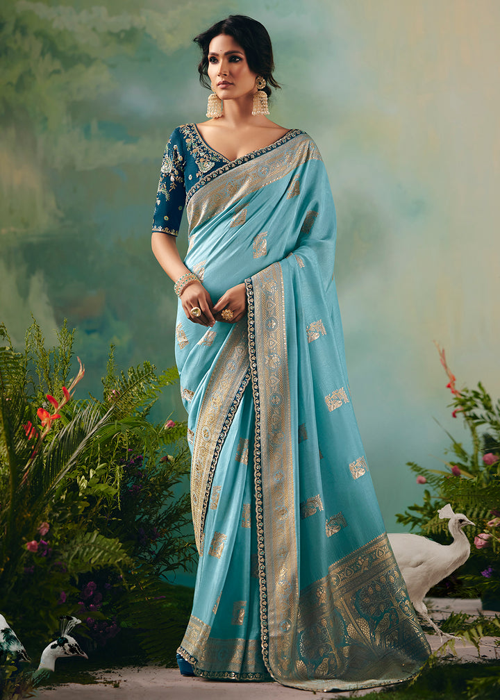 Buy Fancy Blue Premium Dola Viscose Silk Wedding Wear Saree Online in US, UK, Canada, France, Germany, Denmark, Spain, Belgium, Sweden & Worldwide at Empress.