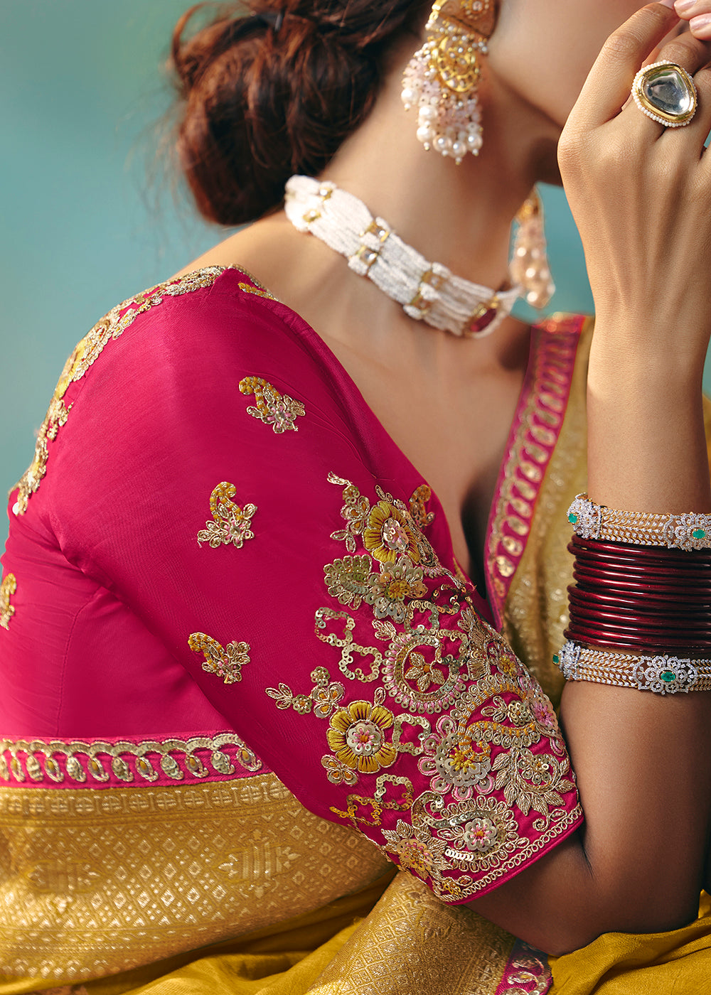 Buy Fancy Mustard Premium Dola Viscose Silk Wedding Wear Saree Online in US, UK, Canada, France, Germany, Denmark, Spain, Belgium, Sweden & Worldwide at Empress.