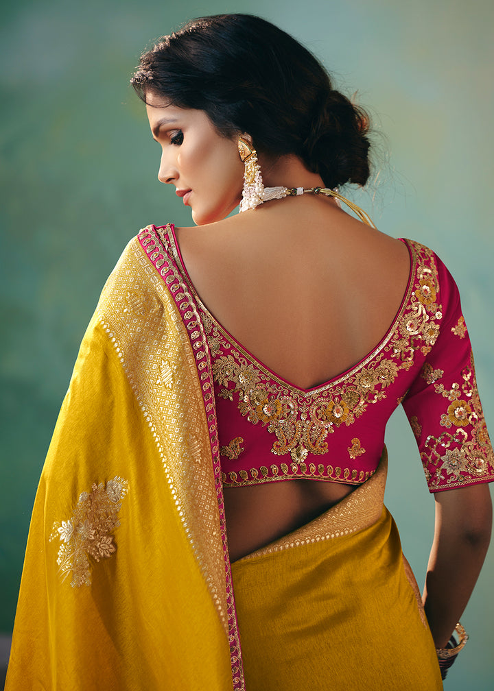 Buy Fancy Mustard Premium Dola Viscose Silk Wedding Wear Saree Online in US, UK, Canada, France, Germany, Denmark, Spain, Belgium, Sweden & Worldwide at Empress.