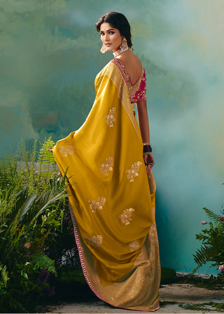 Buy Fancy Mustard Premium Dola Viscose Silk Wedding Wear Saree Online in US, UK, Canada, France, Germany, Denmark, Spain, Belgium, Sweden & Worldwide at Empress.