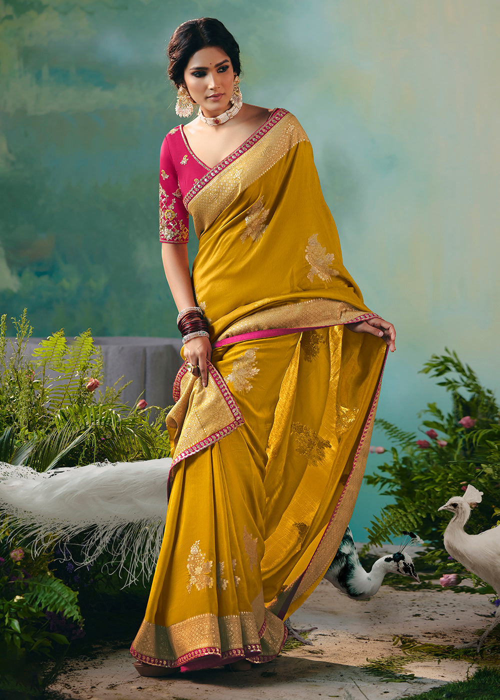 Buy Fancy Mustard Premium Dola Viscose Silk Wedding Wear Saree Online in US, UK, Canada, France, Germany, Denmark, Spain, Belgium, Sweden & Worldwide at Empress.
