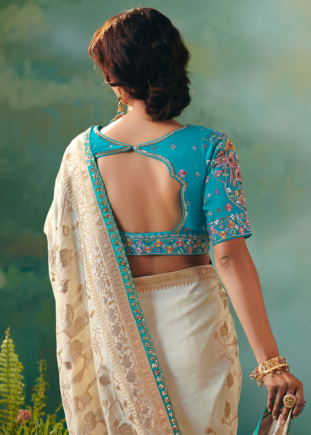 Buy Fancy Cream Premium Dola Viscose Silk Wedding Wear Saree Online in US, UK, Canada, France, Germany, Denmark, Spain, Belgium, Sweden & Worldwide at Empress.