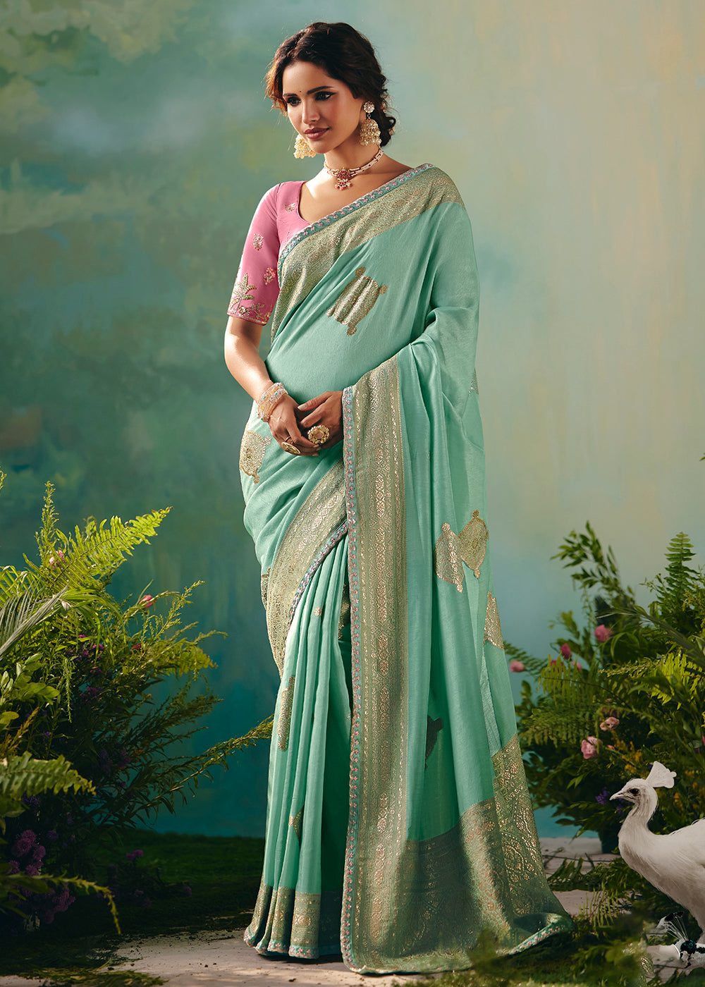Buy Fancy Mint Premium Dola Viscose Silk Wedding Wear Saree Online in US, UK, Canada, France, Germany, Denmark, Spain, Belgium, Sweden & Worldwide at Empress.