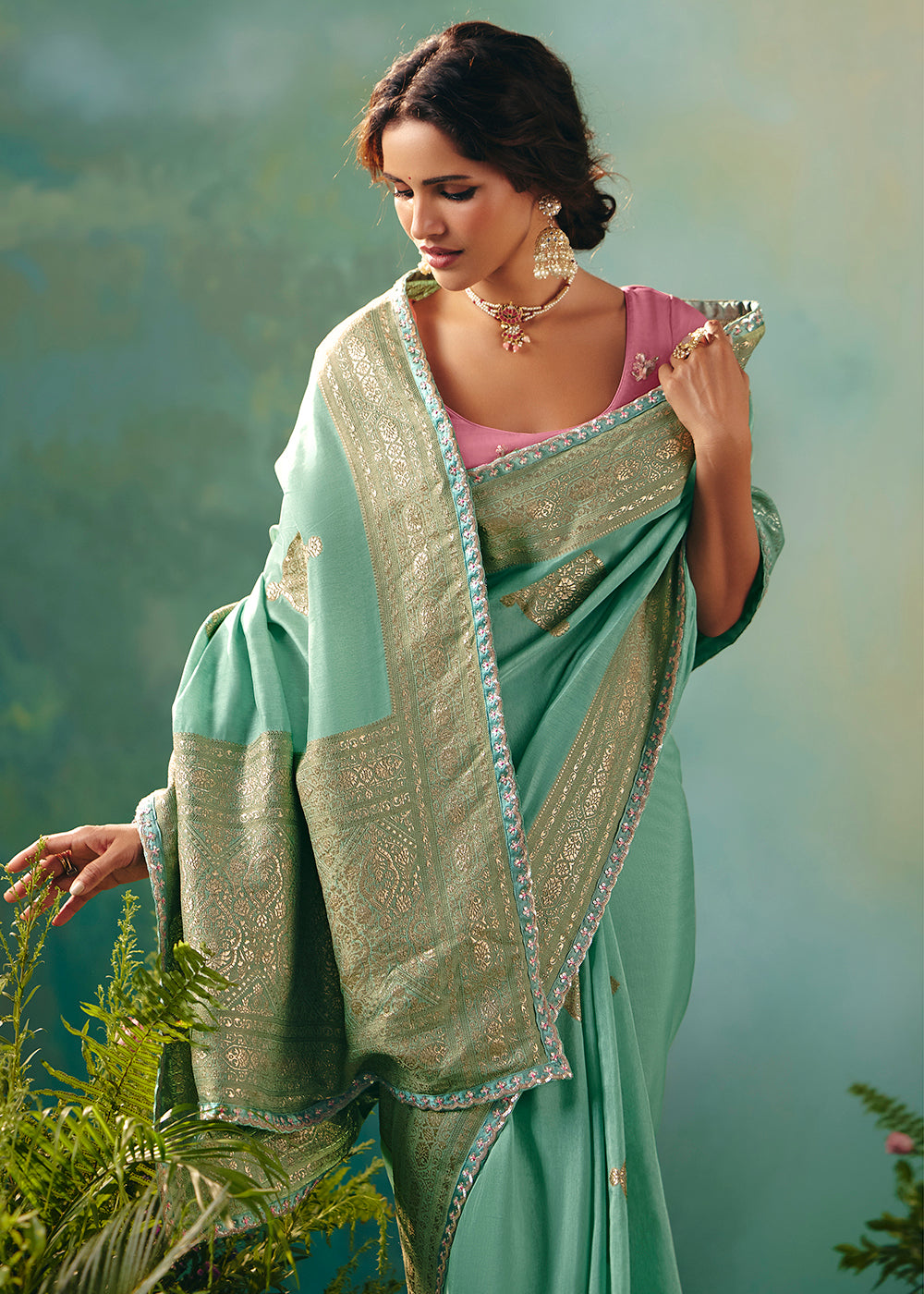 Buy Fancy Mint Premium Dola Viscose Silk Wedding Wear Saree Online in US, UK, Canada, France, Germany, Denmark, Spain, Belgium, Sweden & Worldwide at Empress.