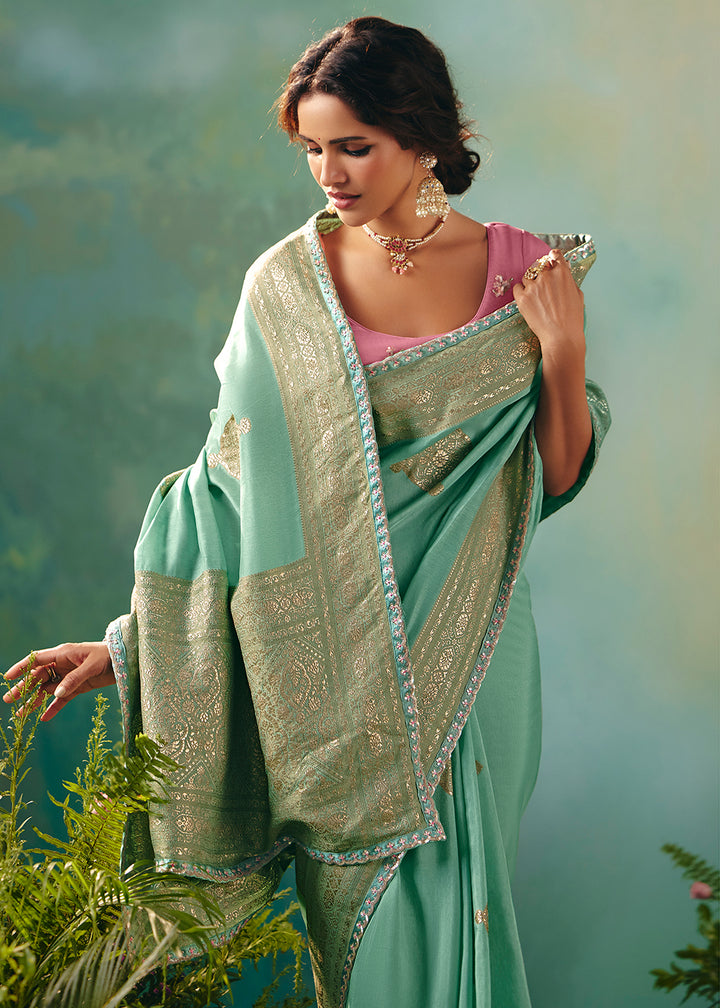 Buy Fancy Mint Premium Dola Viscose Silk Wedding Wear Saree Online in US, UK, Canada, France, Germany, Denmark, Spain, Belgium, Sweden & Worldwide at Empress.