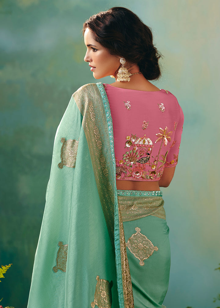 Buy Fancy Mint Premium Dola Viscose Silk Wedding Wear Saree Online in US, UK, Canada, France, Germany, Denmark, Spain, Belgium, Sweden & Worldwide at Empress.