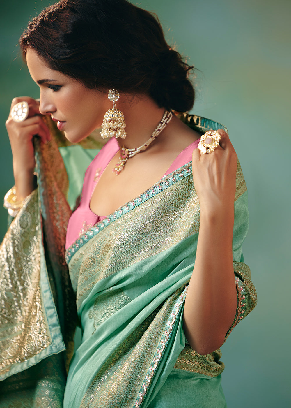 Buy Fancy Mint Premium Dola Viscose Silk Wedding Wear Saree Online in US, UK, Canada, France, Germany, Denmark, Spain, Belgium, Sweden & Worldwide at Empress.