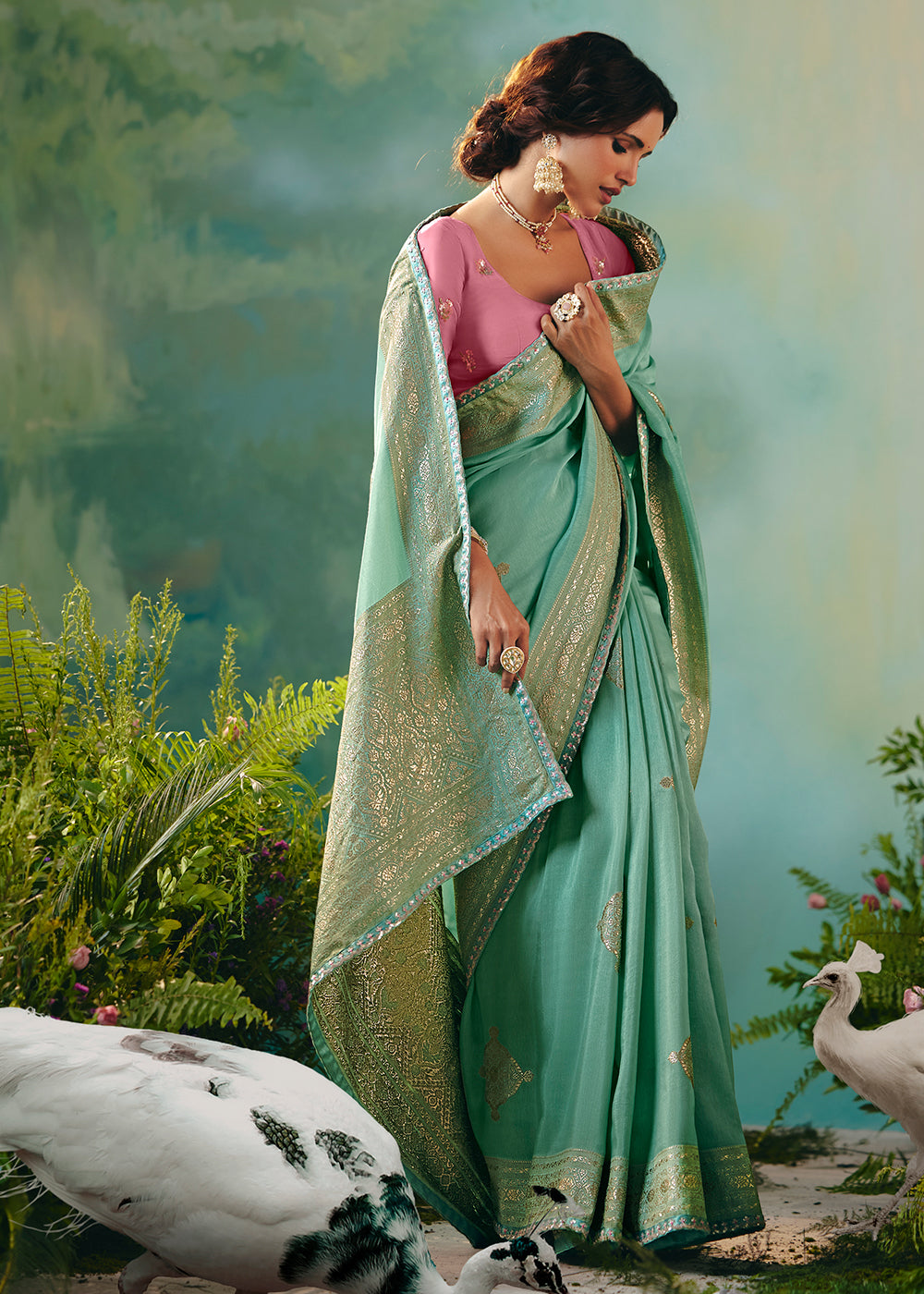 Buy Fancy Mint Premium Dola Viscose Silk Wedding Wear Saree Online in US, UK, Canada, France, Germany, Denmark, Spain, Belgium, Sweden & Worldwide at Empress.