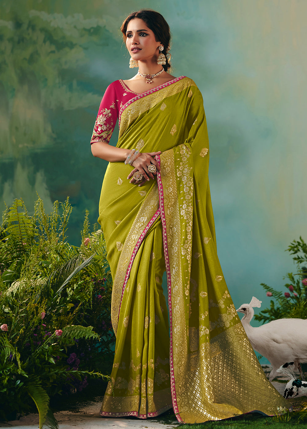Buy Fancy Green Premium Dola Viscose Silk Wedding Wear Saree Online in US, UK, Canada, France, Germany, Denmark, Spain, Belgium, Sweden & Worldwide at Empress.
