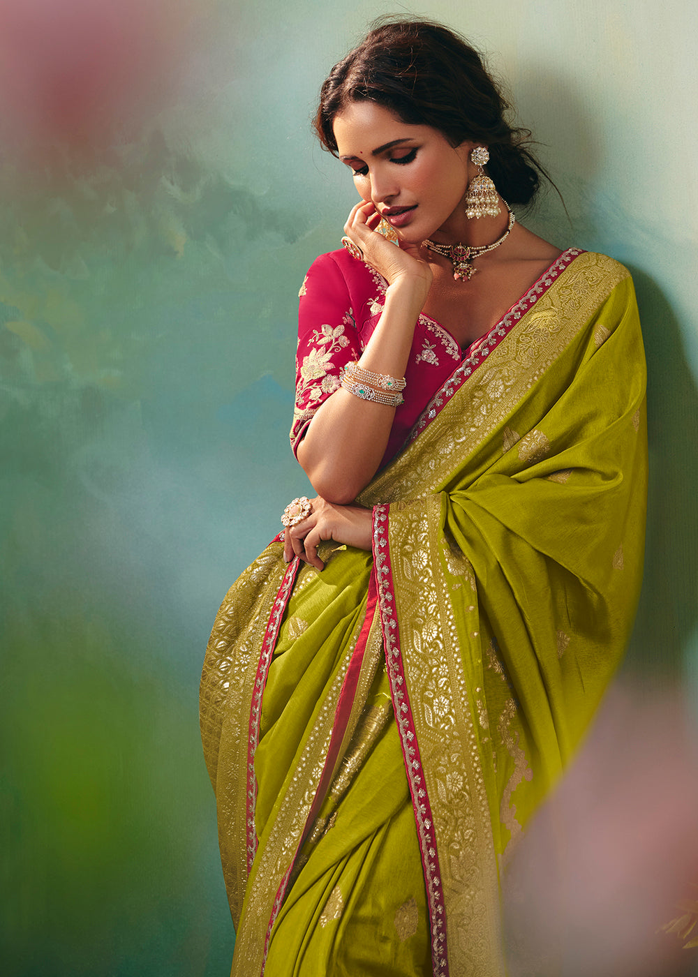 Buy Fancy Green Premium Dola Viscose Silk Wedding Wear Saree Online in US, UK, Canada, France, Germany, Denmark, Spain, Belgium, Sweden & Worldwide at Empress.
