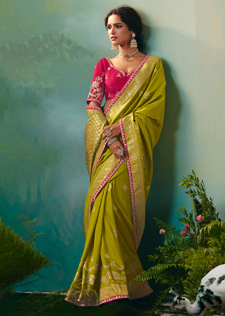 Buy Fancy Green Premium Dola Viscose Silk Wedding Wear Saree Online in US, UK, Canada, France, Germany, Denmark, Spain, Belgium, Sweden & Worldwide at Empress.