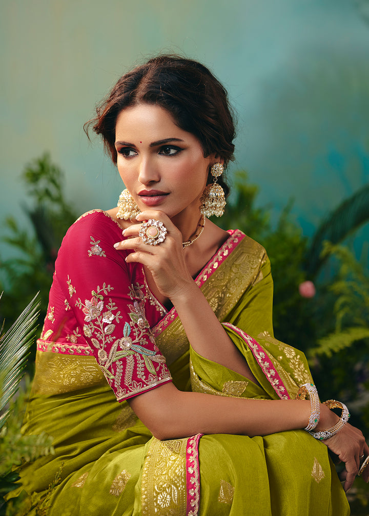 Buy Fancy Green Premium Dola Viscose Silk Wedding Wear Saree Online in US, UK, Canada, France, Germany, Denmark, Spain, Belgium, Sweden & Worldwide at Empress.