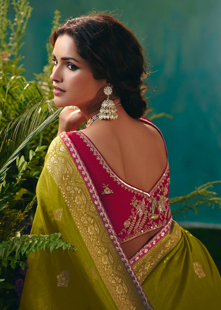 Buy Fancy Green Premium Dola Viscose Silk Wedding Wear Saree Online in US, UK, Canada, France, Germany, Denmark, Spain, Belgium, Sweden & Worldwide at Empress.