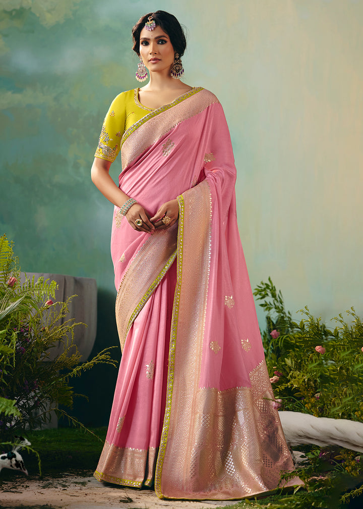 Buy Fancy Pink Premium Dola Viscose Silk Wedding Wear Saree Online in US, UK, Canada, France, Germany, Denmark, Spain, Belgium, Sweden & Worldwide at Empress.