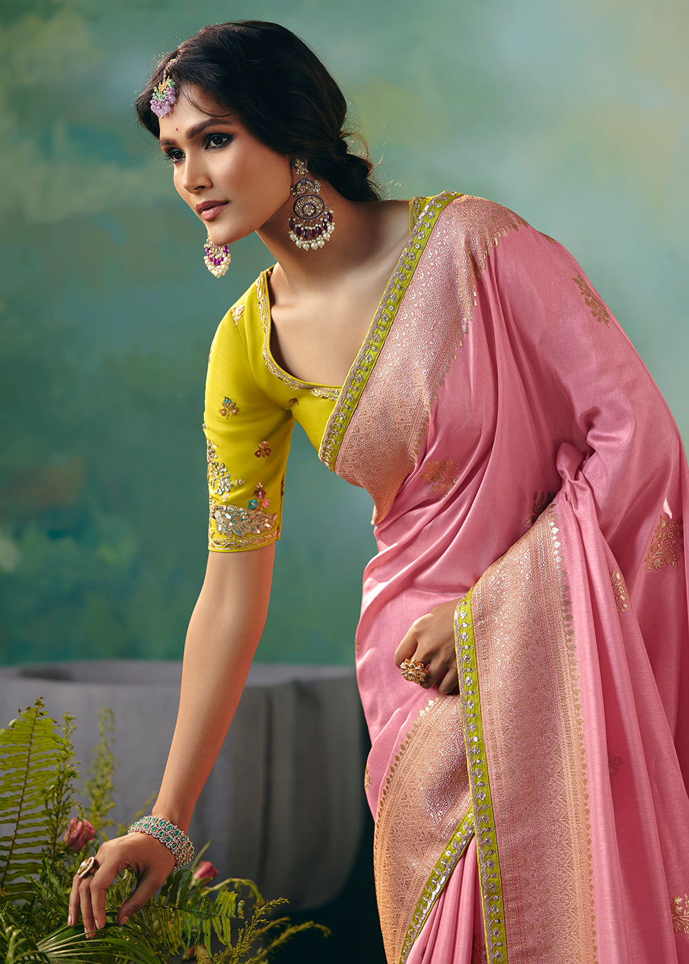 Buy Fancy Pink Premium Dola Viscose Silk Wedding Wear Saree Online in US, UK, Canada, France, Germany, Denmark, Spain, Belgium, Sweden & Worldwide at Empress.