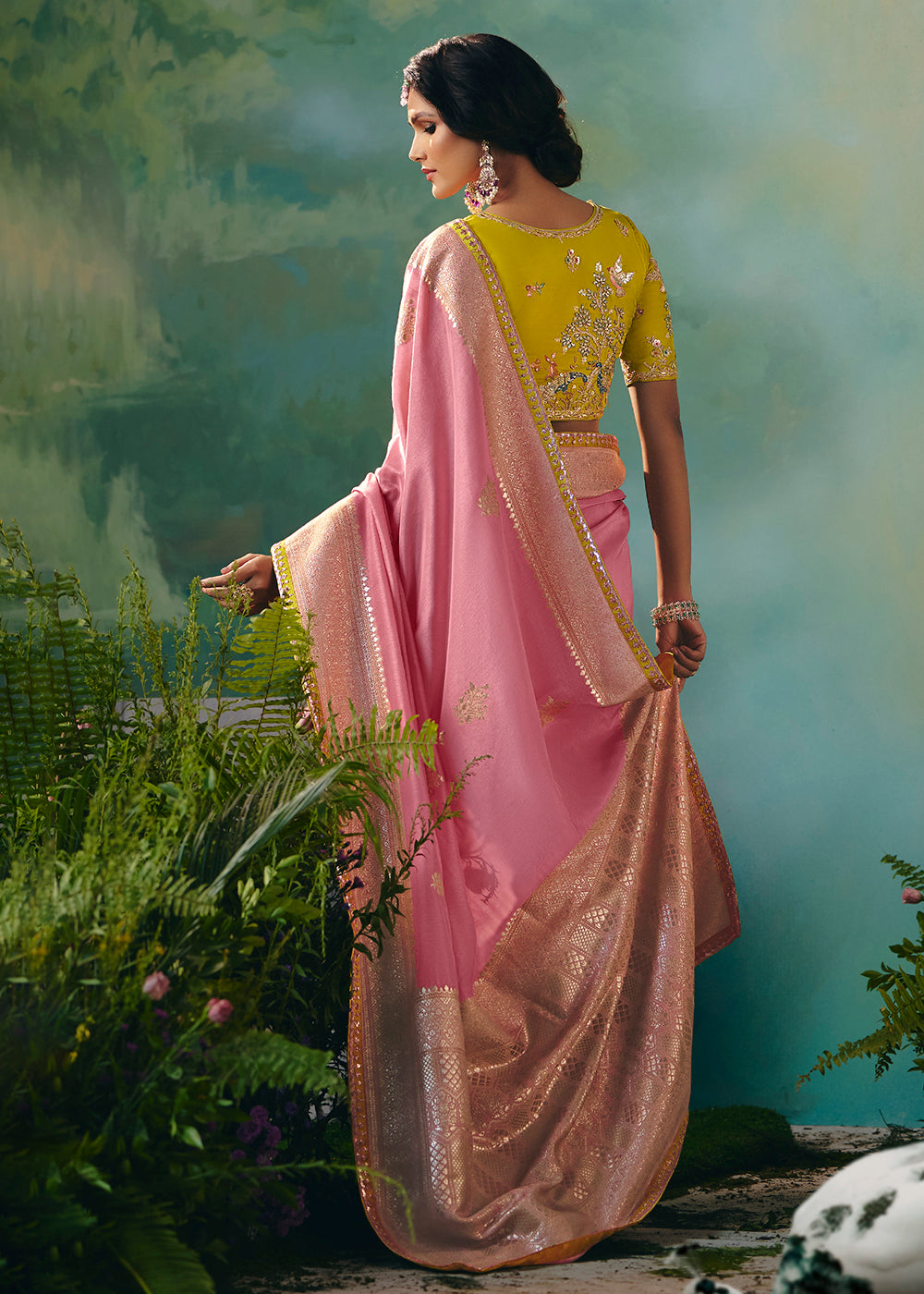 Buy Fancy Pink Premium Dola Viscose Silk Wedding Wear Saree Online in US, UK, Canada, France, Germany, Denmark, Spain, Belgium, Sweden & Worldwide at Empress.