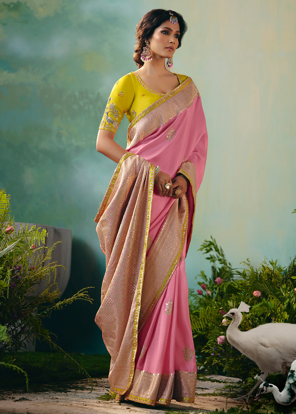 Buy Fancy Pink Premium Dola Viscose Silk Wedding Wear Saree Online in US, UK, Canada, France, Germany, Denmark, Spain, Belgium, Sweden & Worldwide at Empress.