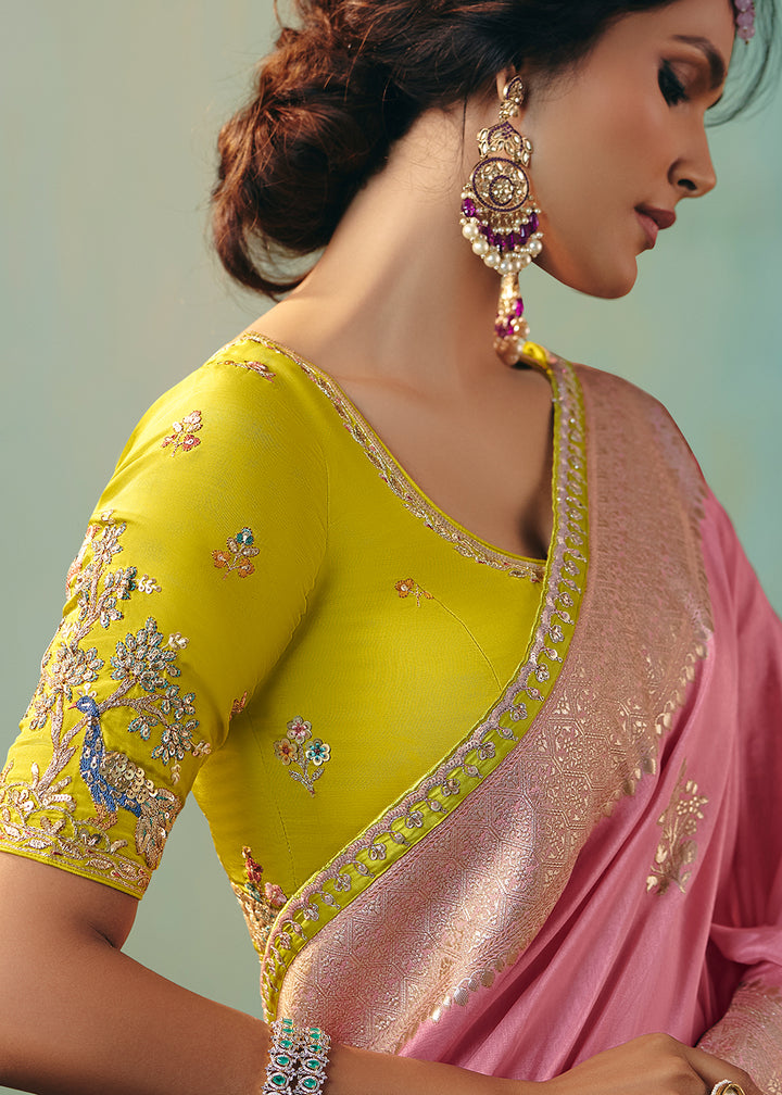 Buy Fancy Pink Premium Dola Viscose Silk Wedding Wear Saree Online in US, UK, Canada, France, Germany, Denmark, Spain, Belgium, Sweden & Worldwide at Empress.