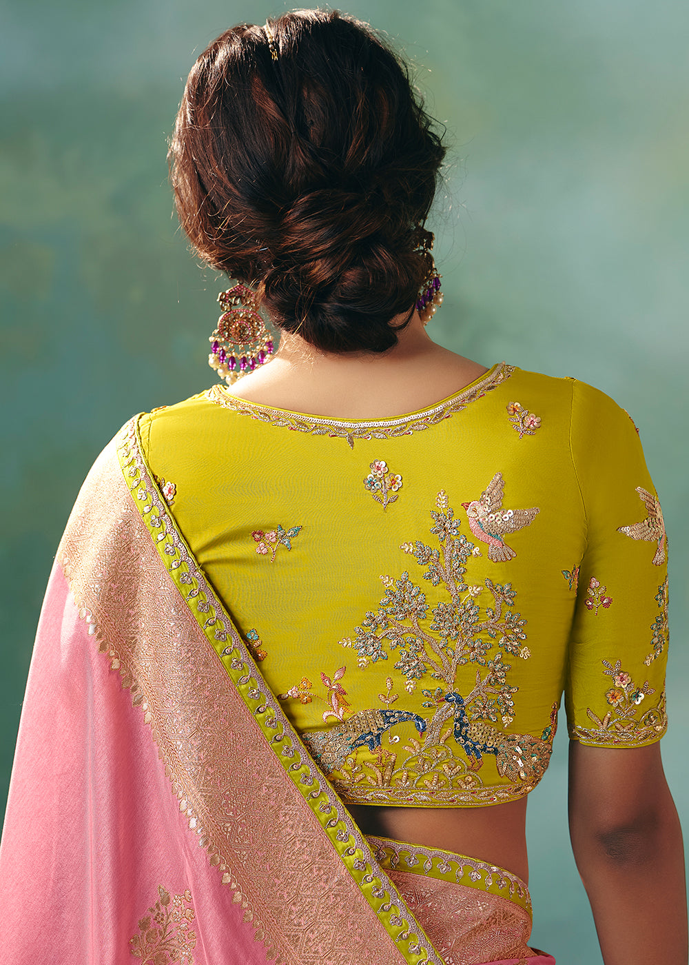 Buy Fancy Pink Premium Dola Viscose Silk Wedding Wear Saree Online in US, UK, Canada, France, Germany, Denmark, Spain, Belgium, Sweden & Worldwide at Empress.