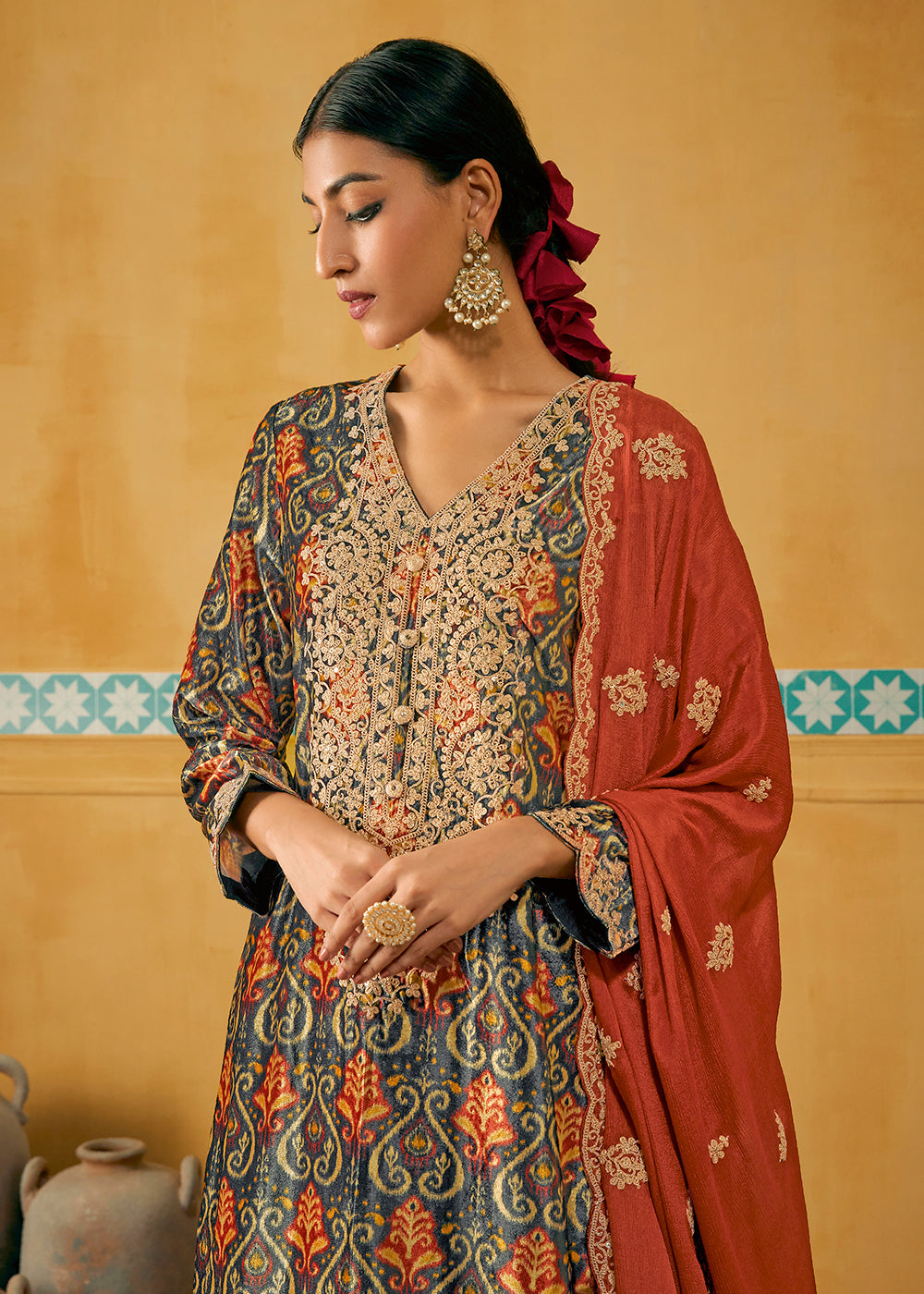 Buy Now Blue Multicolor Digital Printed Embroidered Velvet Salwar Suit Online in USA, UK, Canada, Germany, Australia & Worldwide at Empress Clothing. 