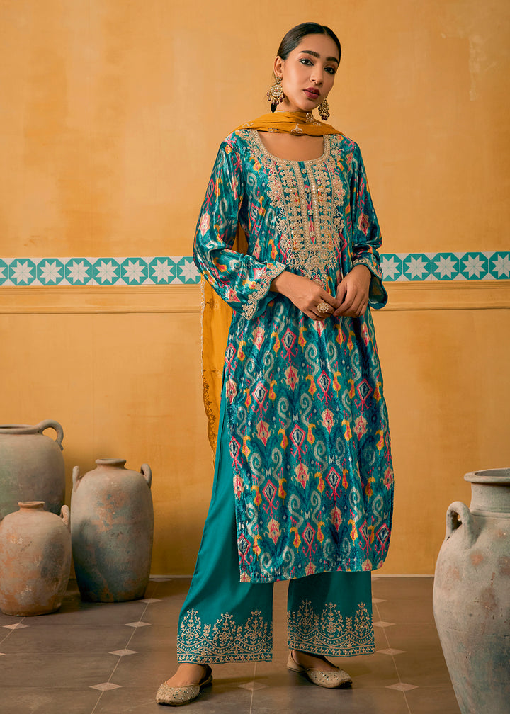 Buy Now Turquoise Multicolor Digital Printed Embroidered Velvet Salwar Suit Online in USA, UK, Canada, Germany, Australia & Worldwide at Empress Clothing