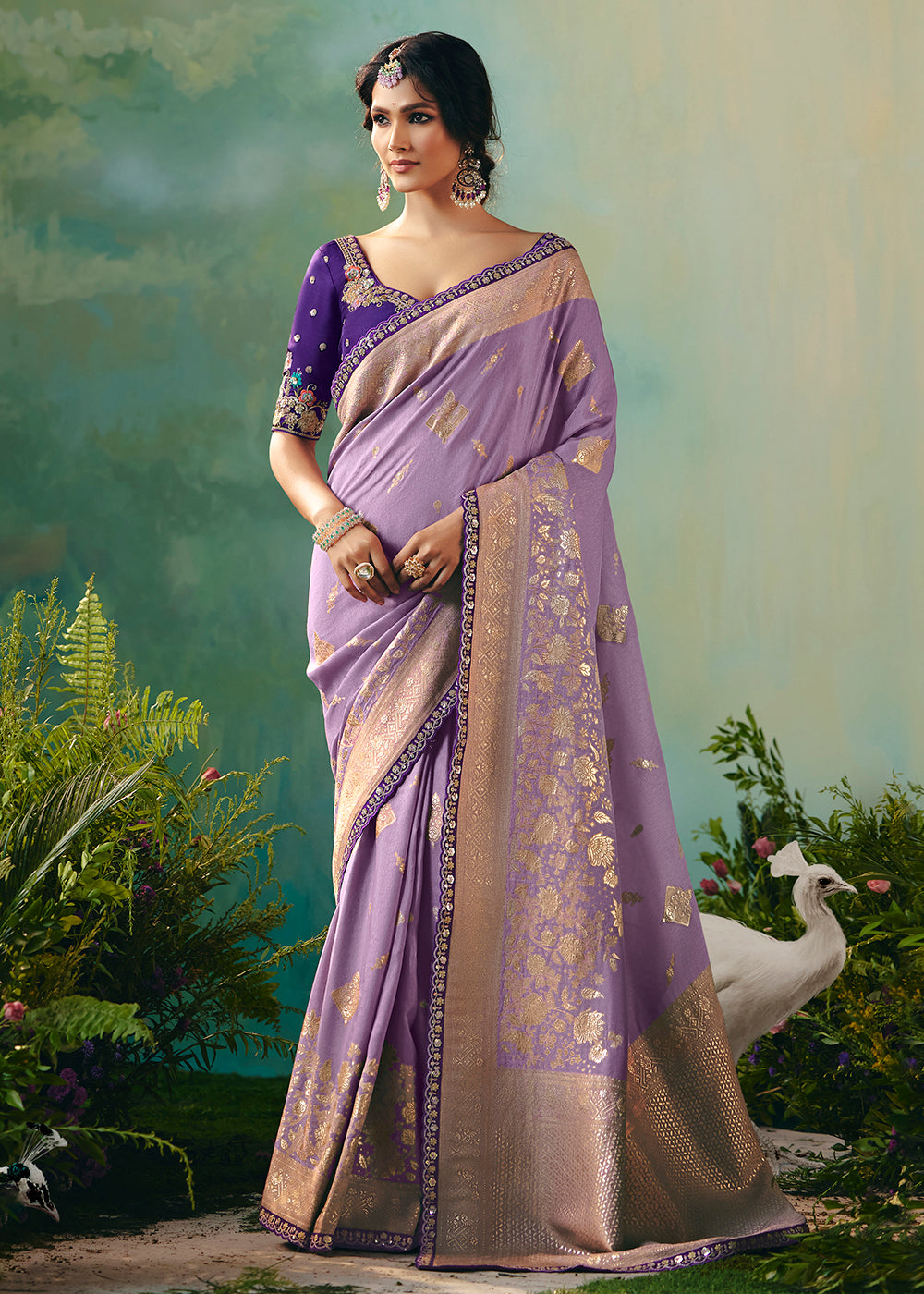 Buy Fancy Lavender Premium Dola Viscose Silk Wedding Wear Saree Online in US, UK, Canada, France, Germany, Denmark, Belgium, Sweden & Worldwide at Empress.