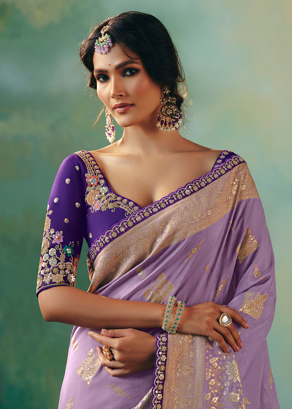 Buy Fancy Lavender Premium Dola Viscose Silk Wedding Wear Saree Online in US, UK, Canada, France, Germany, Denmark, Belgium, Sweden & Worldwide at Empress.