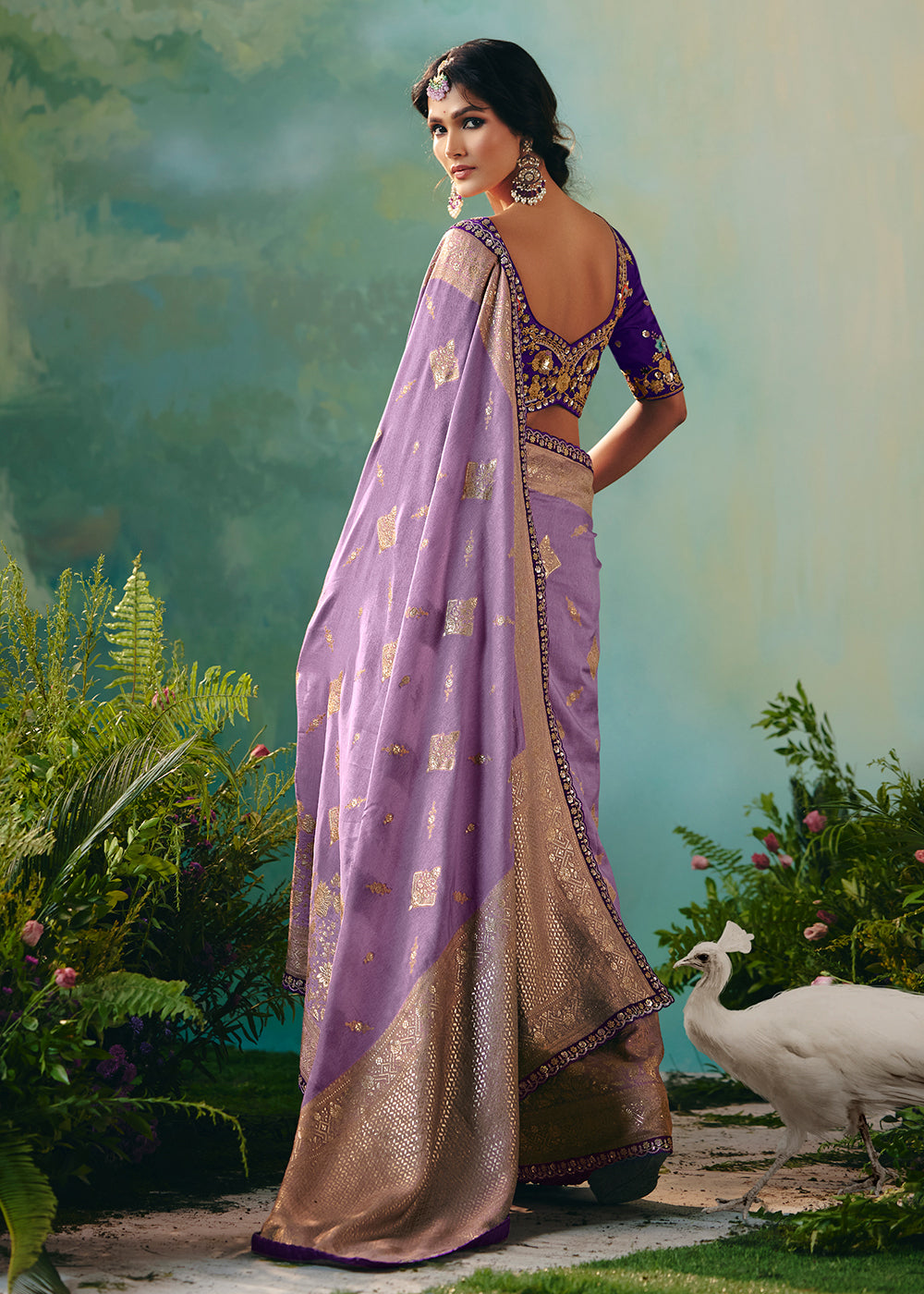 Buy Fancy Lavender Premium Dola Viscose Silk Wedding Wear Saree Online in US, UK, Canada, France, Germany, Denmark, Belgium, Sweden & Worldwide at Empress.