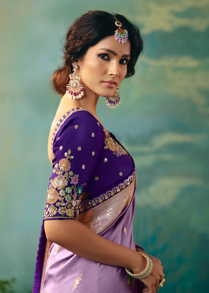Buy Fancy Lavender Premium Dola Viscose Silk Wedding Wear Saree Online in US, UK, Canada, France, Germany, Denmark, Belgium, Sweden & Worldwide at Empress.