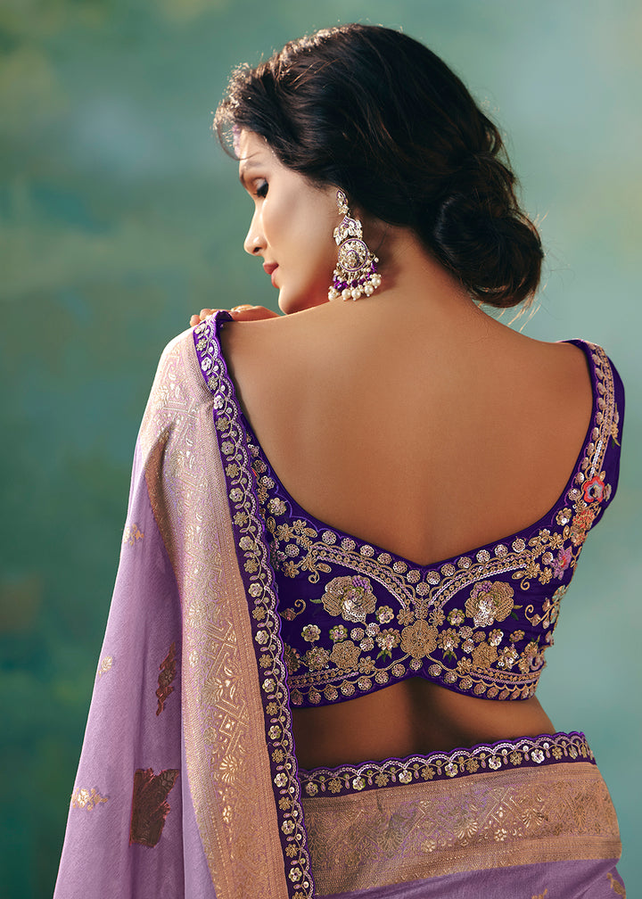 Buy Fancy Lavender Premium Dola Viscose Silk Wedding Wear Saree Online in US, UK, Canada, France, Germany, Denmark, Belgium, Sweden & Worldwide at Empress.