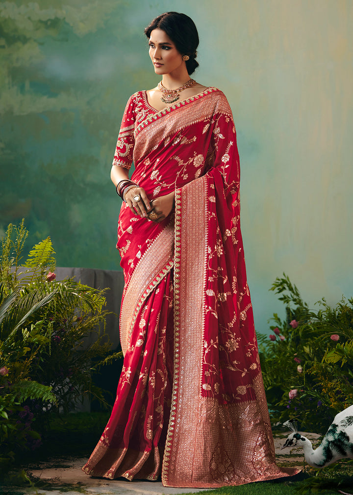 Buy Fancy Red Premium Dola Viscose Silk Wedding Wear Saree Online in US, UK, Canada, France, Germany, Denmark, Belgium, Sweden, Greece & Worldwide at Empress.