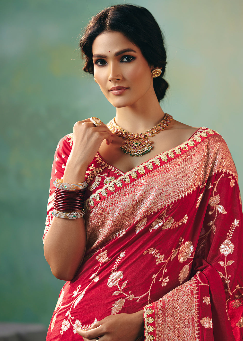 Buy Fancy Red Premium Dola Viscose Silk Wedding Wear Saree Online in US, UK, Canada, France, Germany, Denmark, Belgium, Sweden, Greece & Worldwide at Empress.