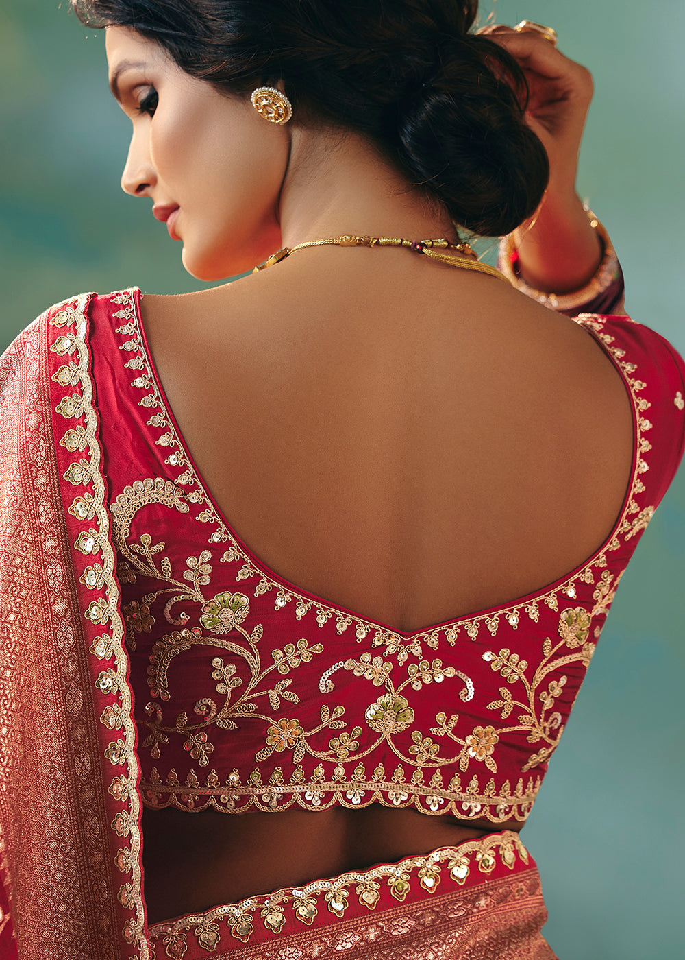 Buy Fancy Red Premium Dola Viscose Silk Wedding Wear Saree Online in US, UK, Canada, France, Germany, Denmark, Belgium, Sweden, Greece & Worldwide at Empress.