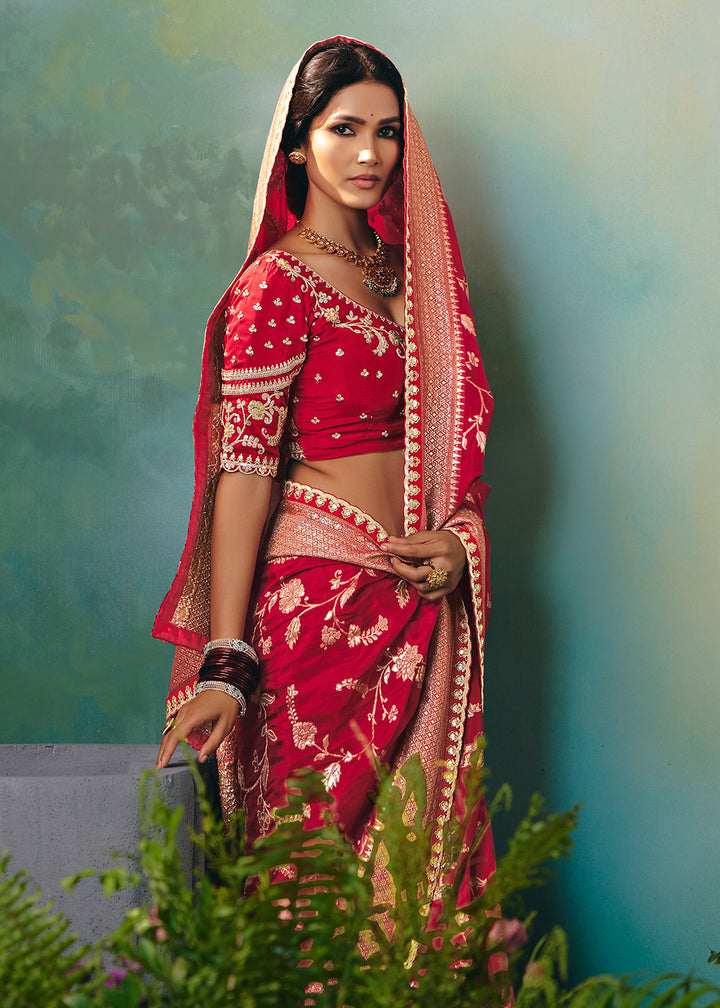 Buy Fancy Red Premium Dola Viscose Silk Wedding Wear Saree Online in US, UK, Canada, France, Germany, Denmark, Belgium, Sweden, Greece & Worldwide at Empress.