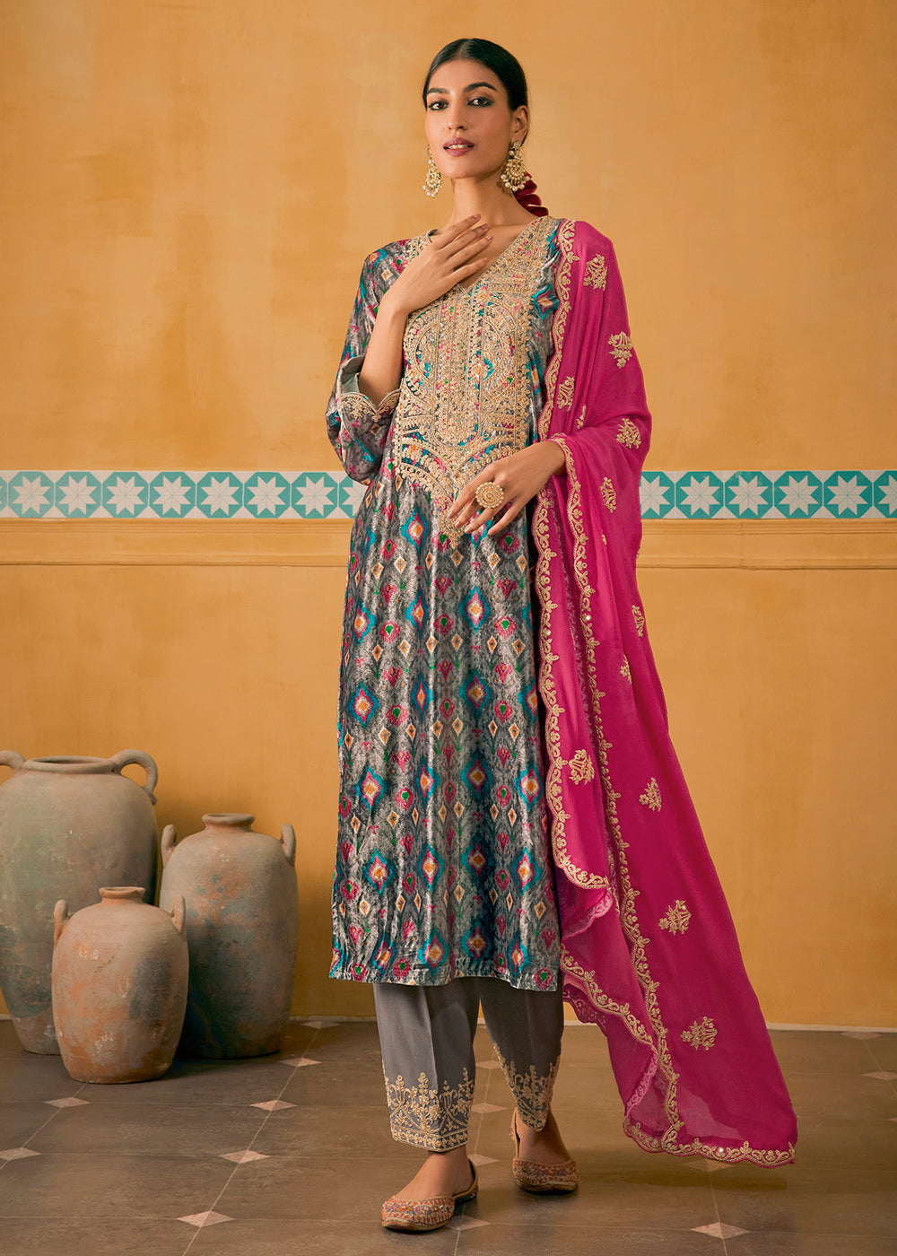 Buy Now Grey Multicolor Digital Printed Embroidered Velvet Salwar Suit Online in USA, UK, Canada, Germany, Australia & Worldwide at Empress Clothing. 