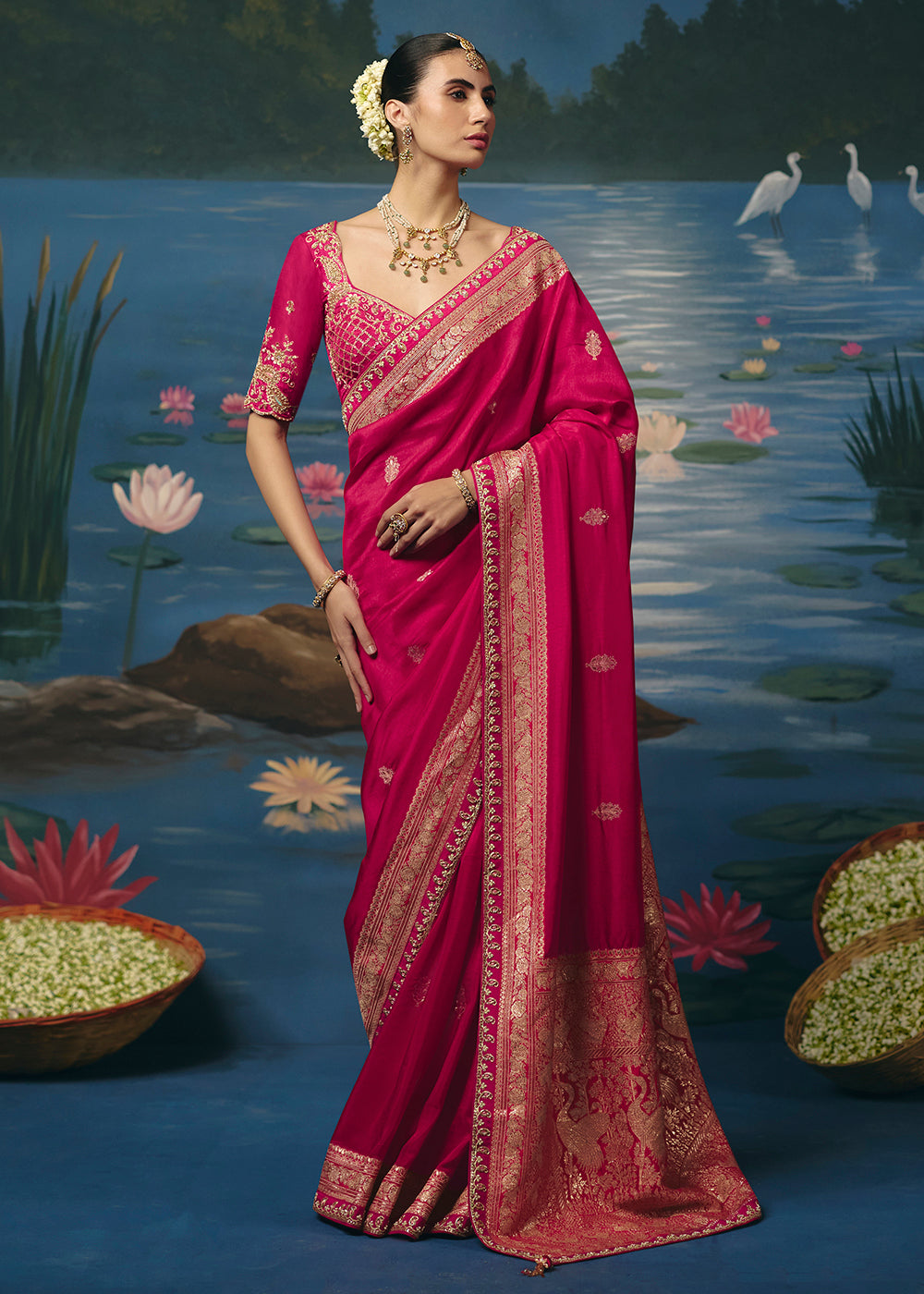 Buy Now Rani Pink Dola Silk Beautiful Handwork Festive Wear Saree Set Online in US, UK, Canada, France, Germany, Denmark, Sweden, UAE & Worldwide at Empress.