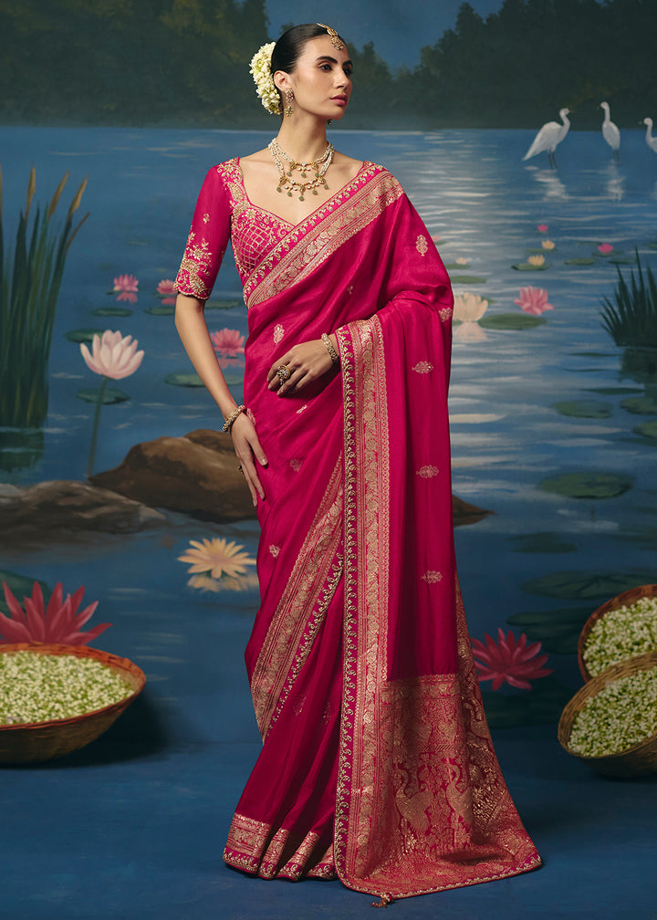 Buy Now Rani Pink Dola Silk Beautiful Handwork Festive Wear Saree Set Online in US, UK, Canada, France, Germany, Denmark, Sweden, UAE &amp; Worldwide at Empress.