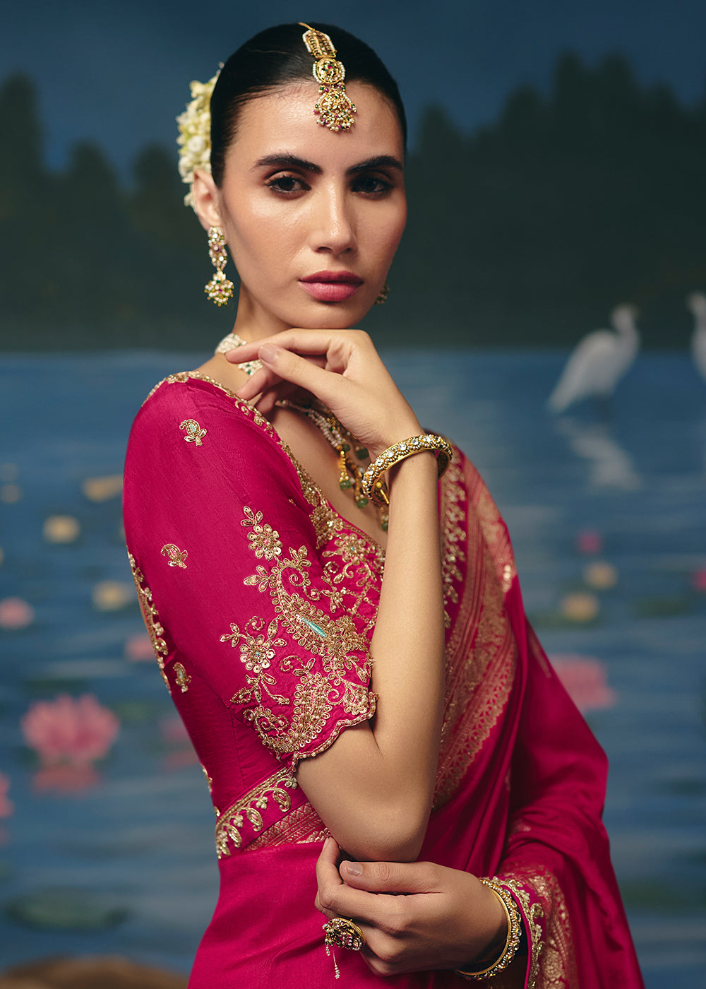 Buy Now Rani Pink Dola Silk Beautiful Handwork Festive Wear Saree Set Online in US, UK, Canada, France, Germany, Denmark, Sweden, UAE & Worldwide at Empress.