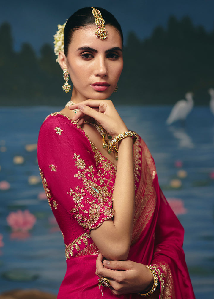 Buy Now Rani Pink Dola Silk Beautiful Handwork Festive Wear Saree Set Online in US, UK, Canada, France, Germany, Denmark, Sweden, UAE &amp; Worldwide at Empress.
