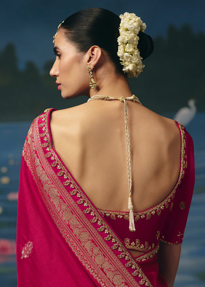 Buy Now Rani Pink Dola Silk Beautiful Handwork Festive Wear Saree Set Online in US, UK, Canada, France, Germany, Denmark, Sweden, UAE &amp; Worldwide at Empress.