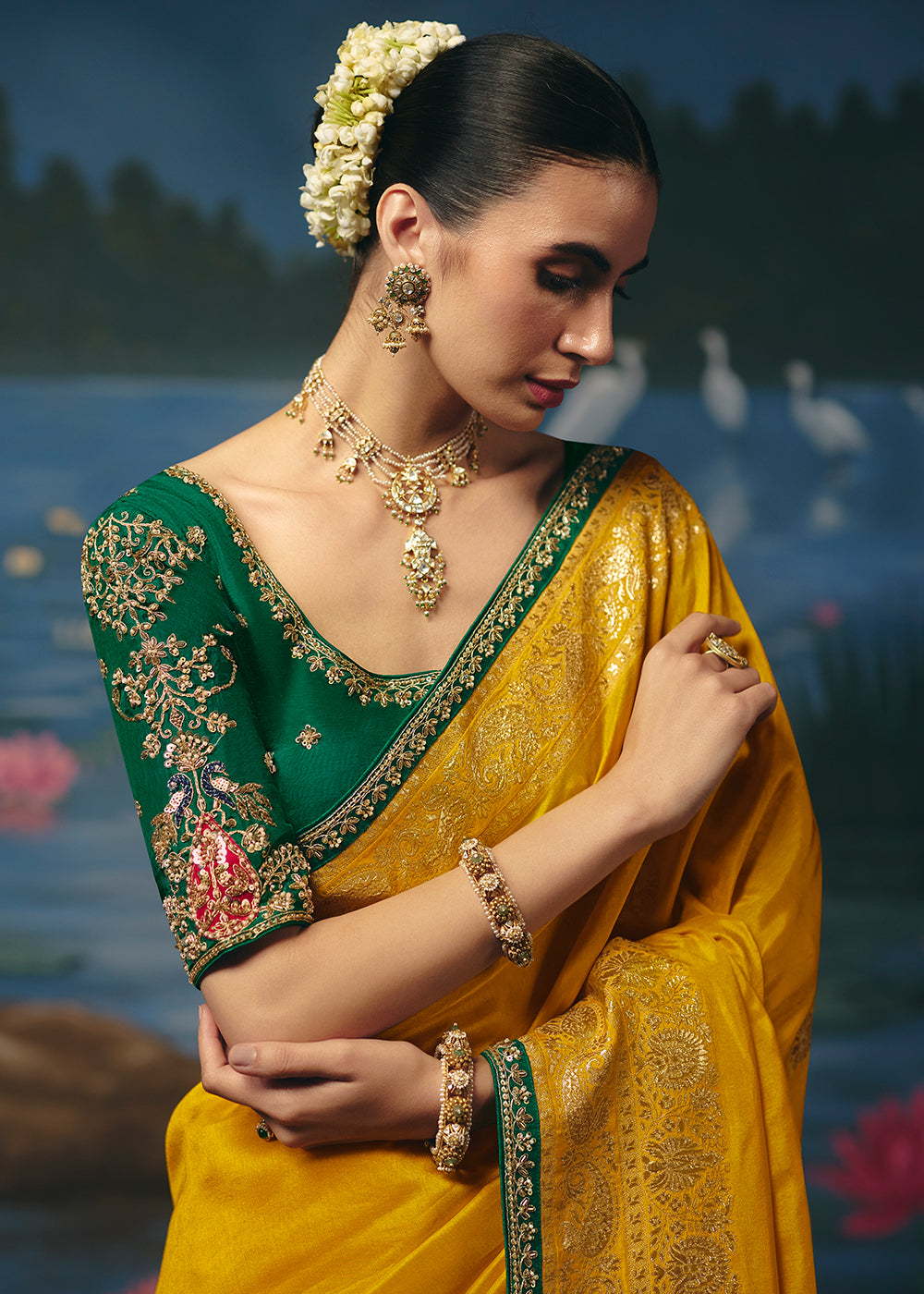 Buy Now Mustard Dola Silk Beautiful Handwork Festive Wear Saree Set Online in US, UK, Canada, France, Germany, Denmark, Sweden, Austria &amp; Worldwide at Empress.
