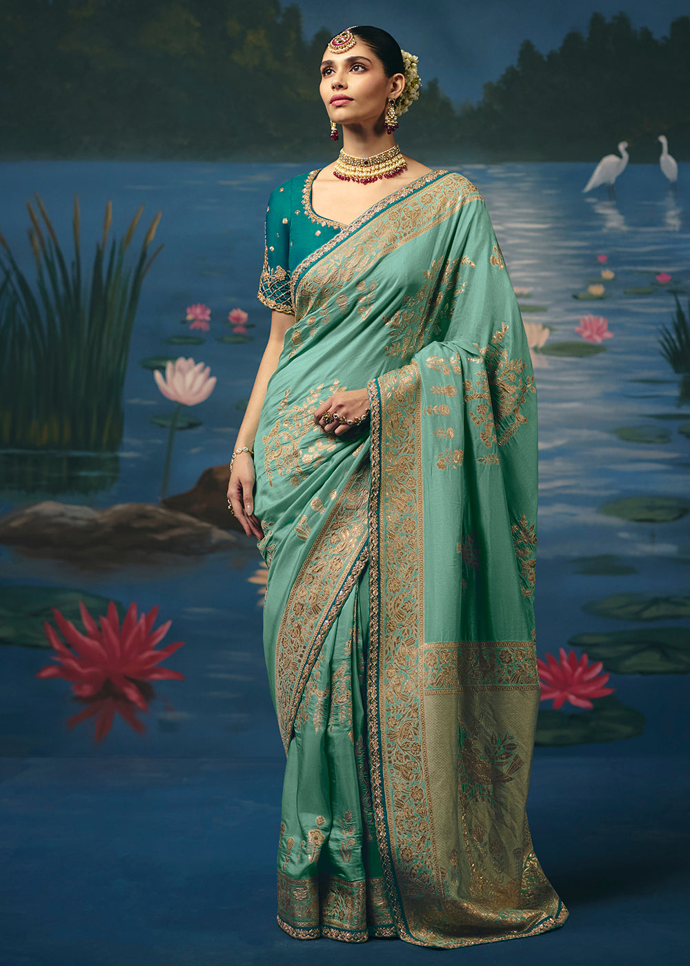 Buy Now Sea Green Dola Silk Beautiful Handwork Festive Wear Saree Set Online in US, UK, Canada, France, Germany, Denmark, Sweden, Austria & Worldwide at Empress.